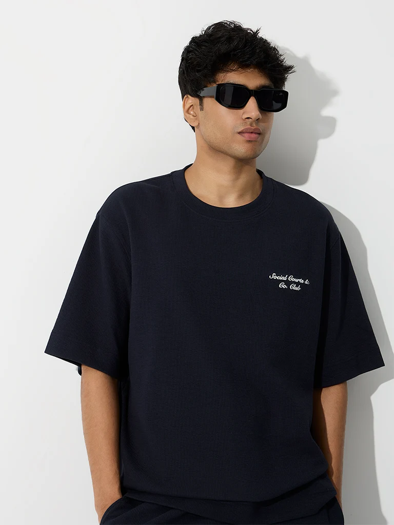 Nuoflexx Navy Ribbed Relaxed-Fit Cotton-Blend T-Shirt