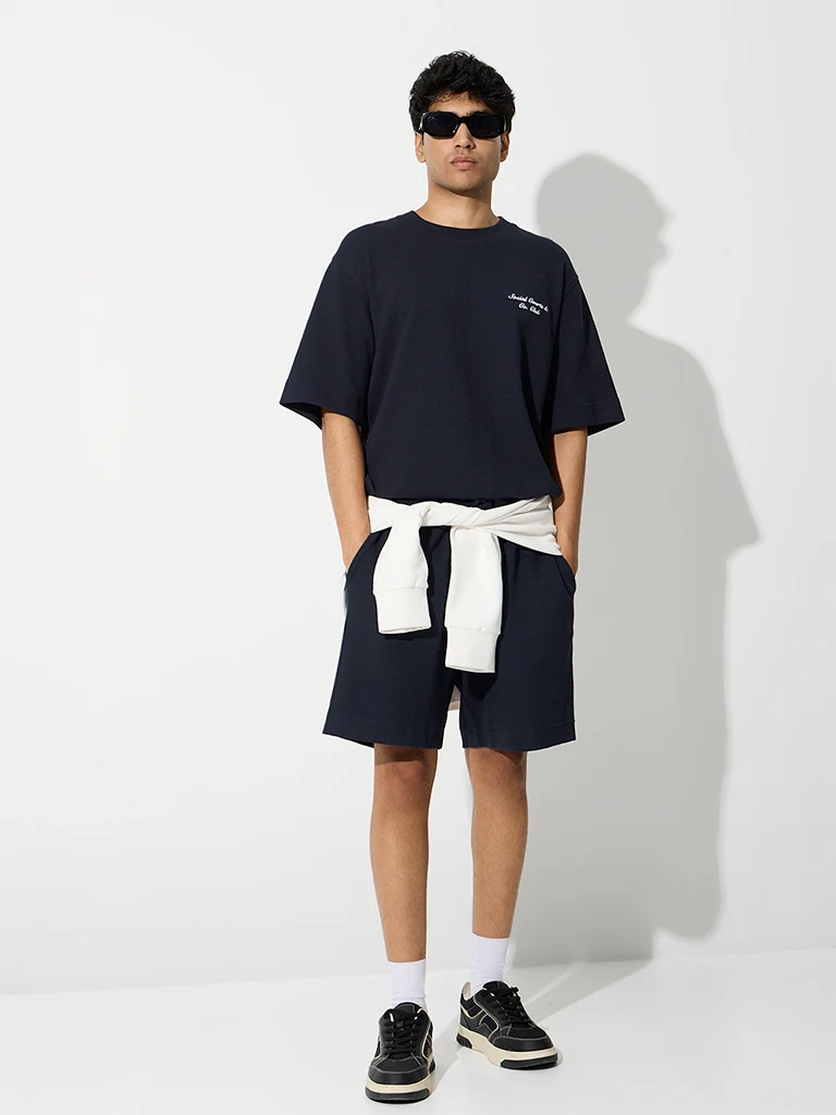 Nuoflexx Navy Ribbed Relaxed-Fit Cotton-Blend T-Shirt