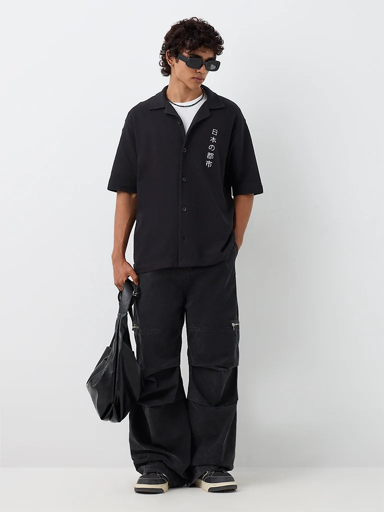 Nuon Black Japanese-Inspired Relaxed-Fit Shirt