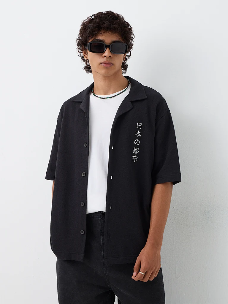 Nuon Black Japanese-Inspired Relaxed-Fit Shirt