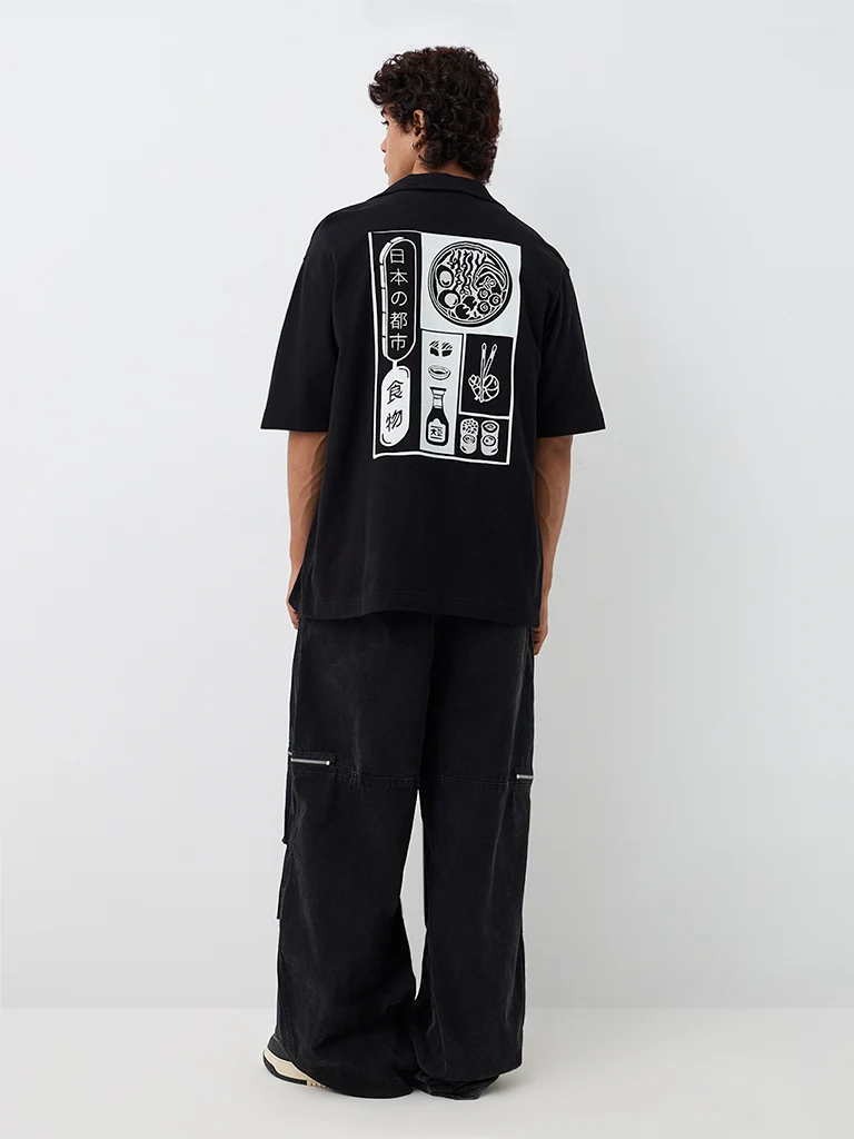Nuon Black Japanese-Inspired Relaxed-Fit Shirt