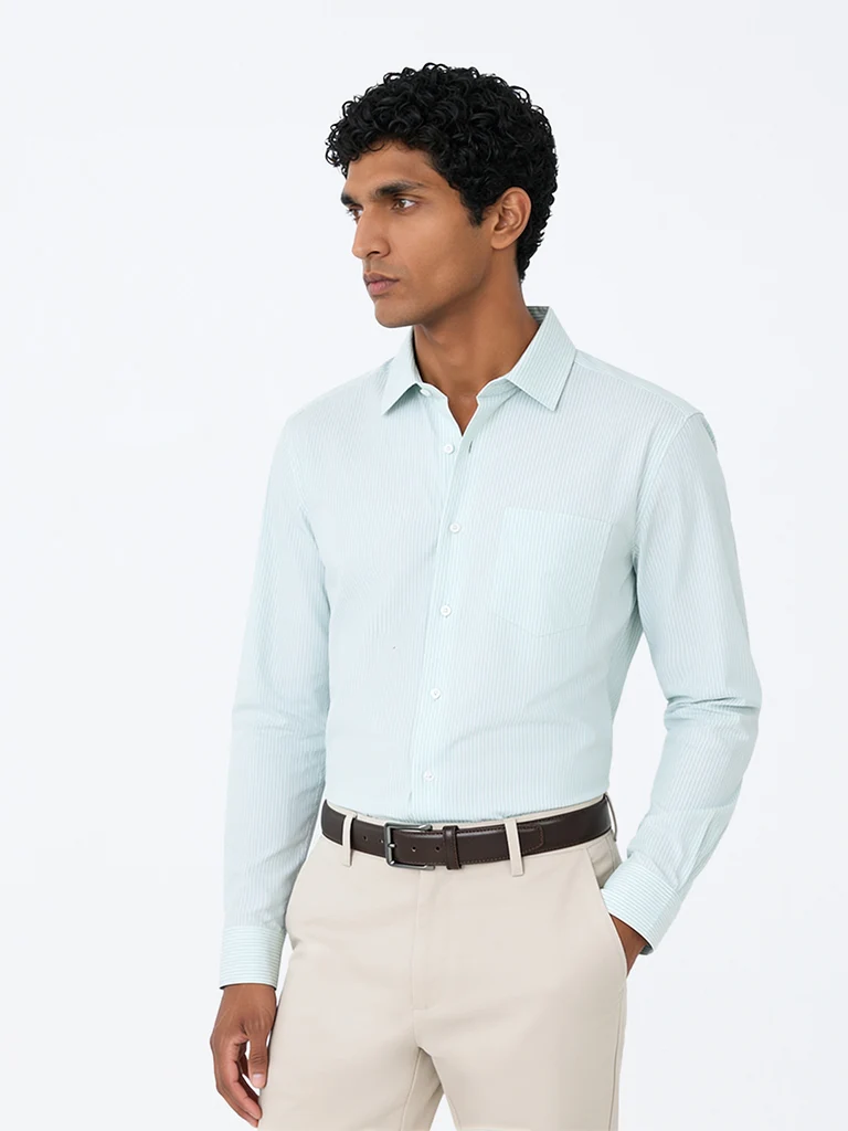 WES Formals Mint Striped Slim-Fit Cotton Shirt