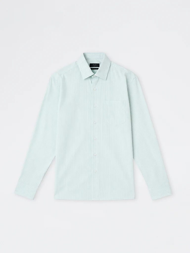 WES Formals Mint Striped Slim-Fit Cotton Shirt
