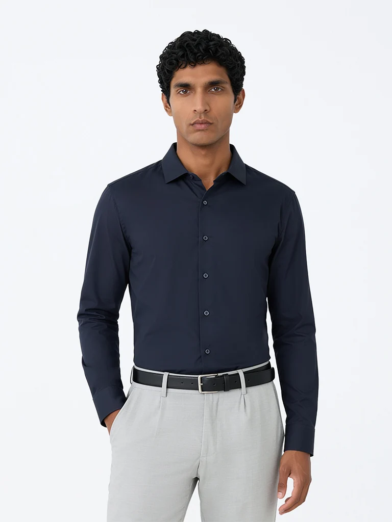 WES Formals Navy Solid Ultra Slim-Fit Cotton-Blend Shirt