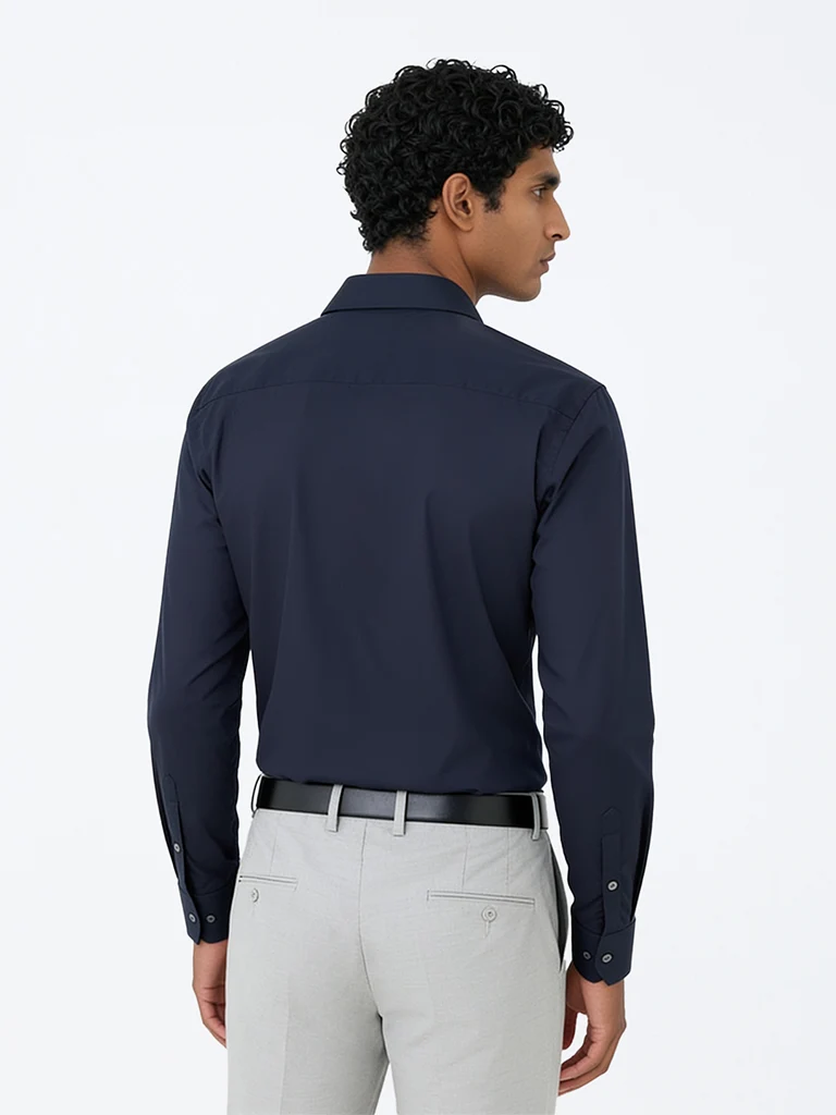 WES Formals Navy Solid Ultra Slim-Fit Cotton-Blend Shirt