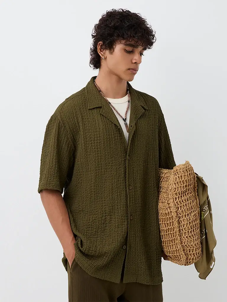 Dark Olive Textured Relaxed-Fit Shirt