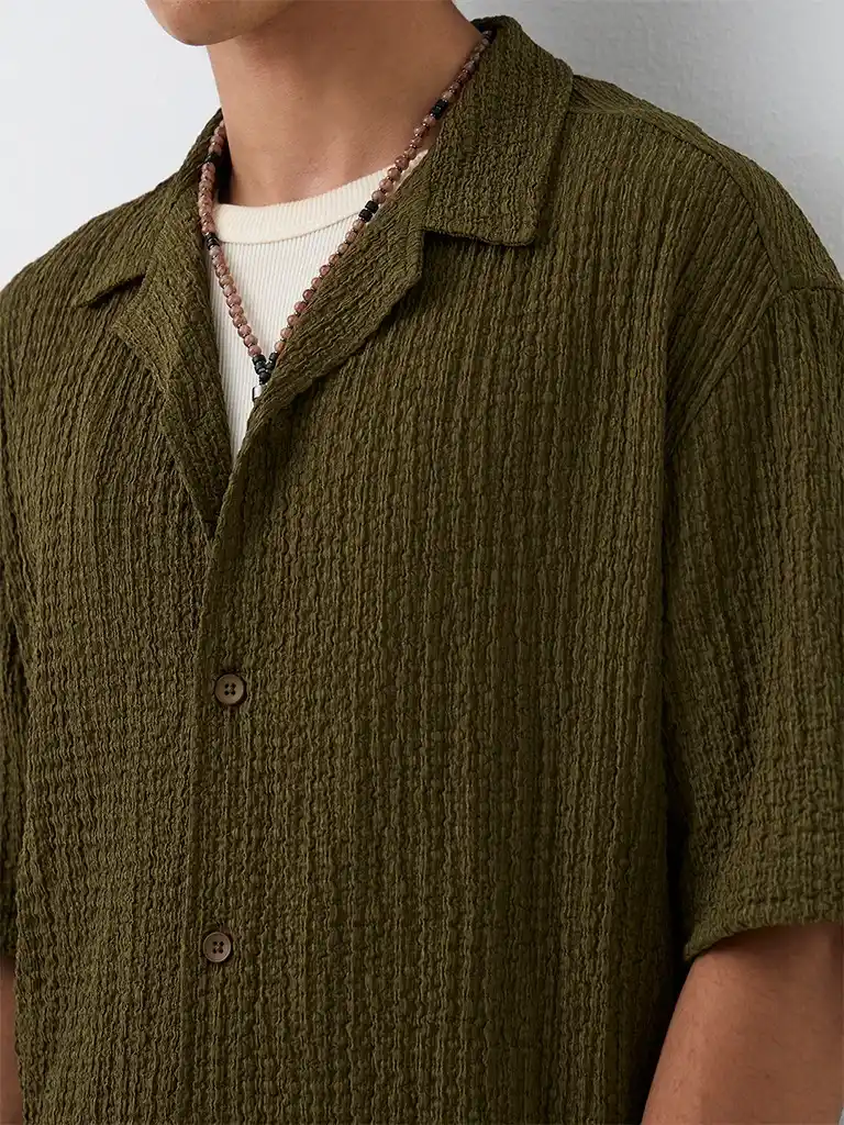 Dark Olive Textured Relaxed-Fit Shirt