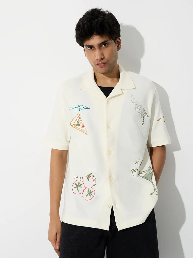 Nuon Cream Embroidered Relaxed-Fit Cotton Shirt