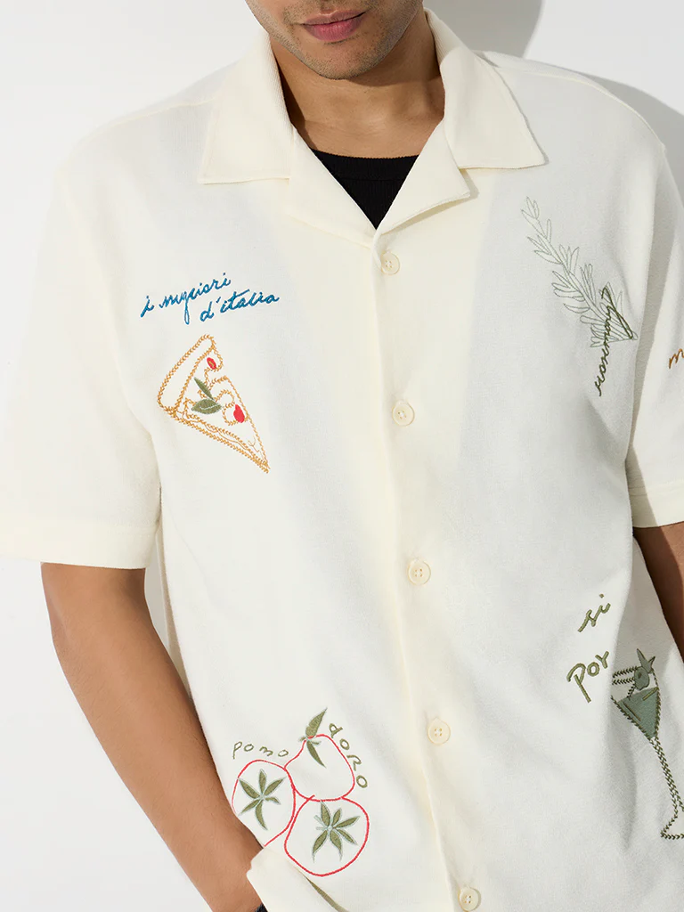 Nuon Cream Embroidered Relaxed-Fit Cotton Shirt