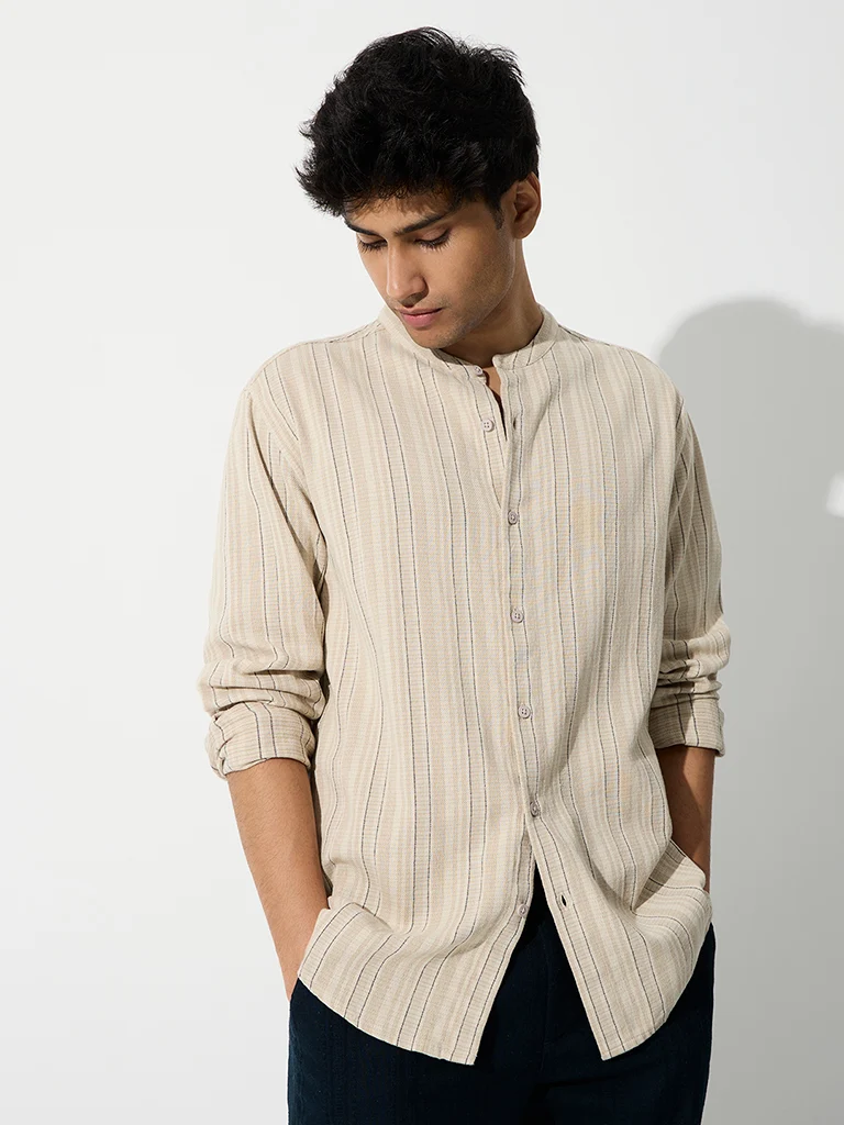 ETA Light Beige Striped Relaxed-Fit Cotton Shirt