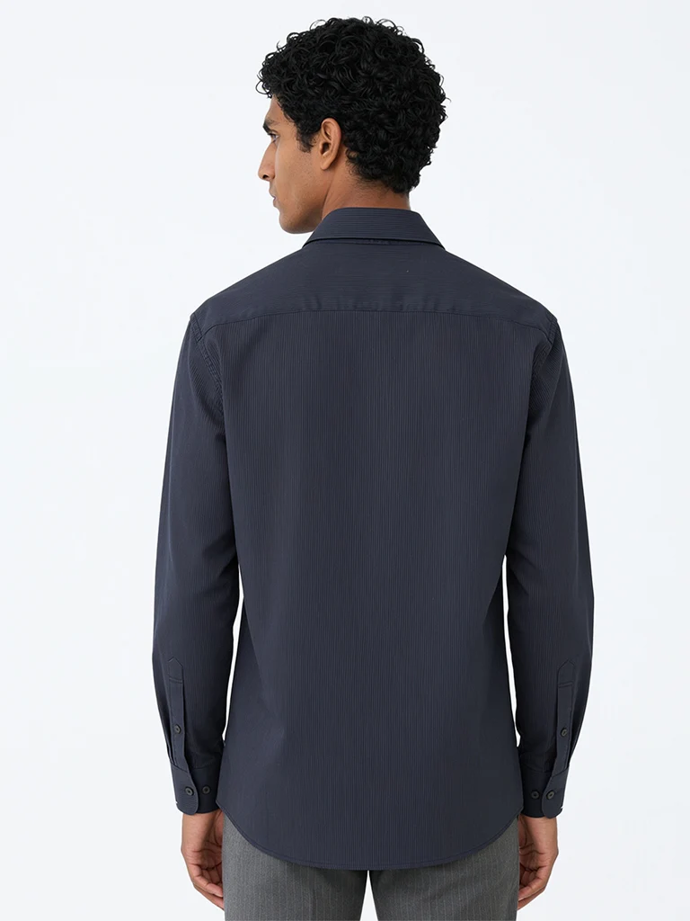 Formals Navy Textured Relaxed-Fit Cotton Shirt