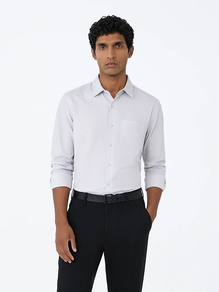 Formals Grey Checkered Slim-Fit Cotton Shirt