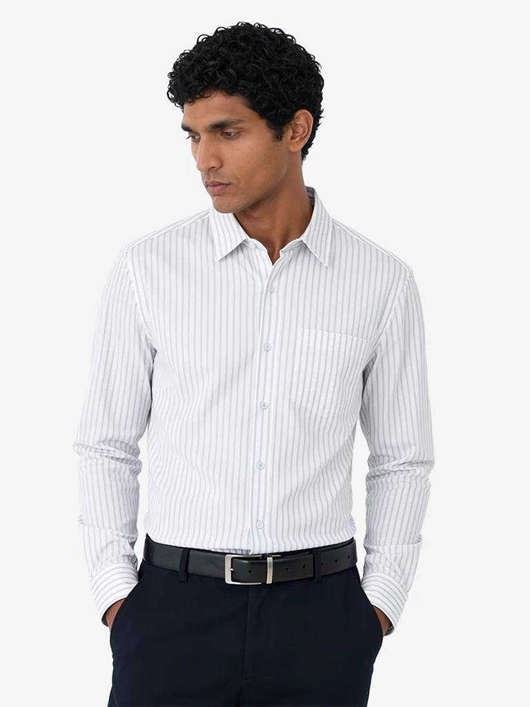 Formals White Striped Slim-Fit Cotton Shirt