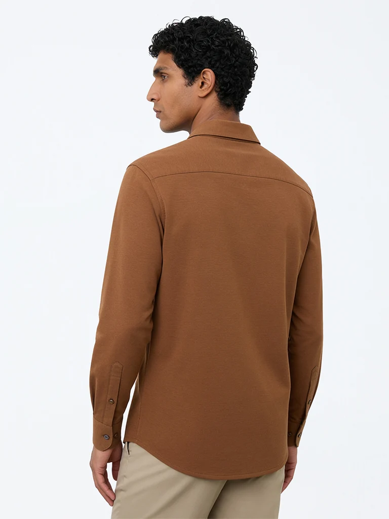 Formals Tan Solid Slim-Fit Cotton-Blend Shirt