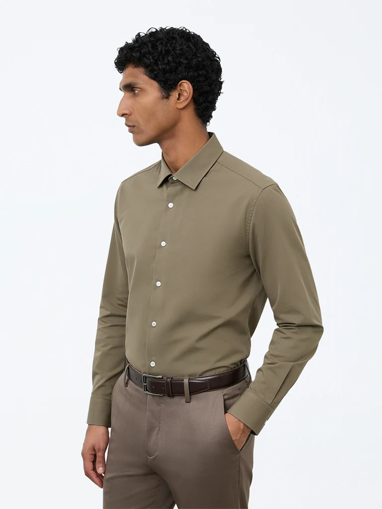 Formals Olive Solid Slim-Fit Shirt