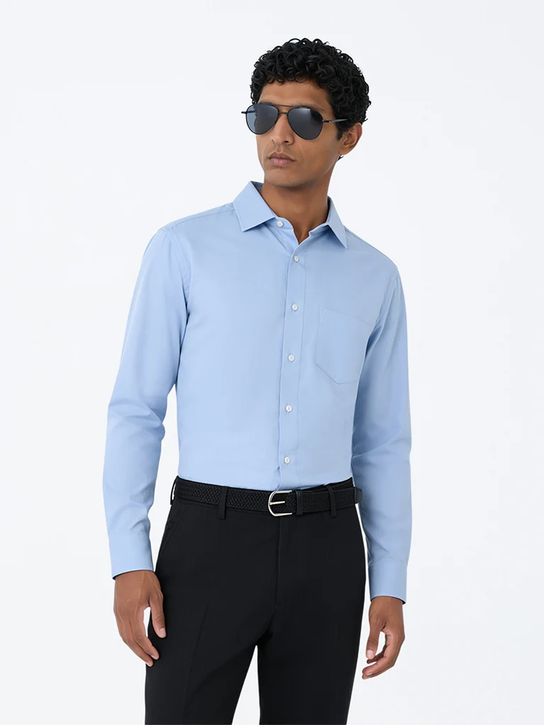 Formals Blue Solid Relaxed-Fit Cotton Shirt