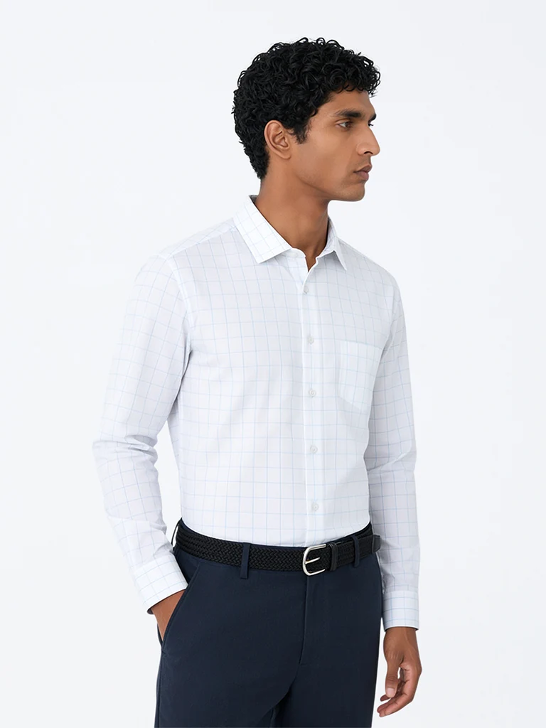 Formals White Checkered Relaxed-Fit Cotton Shirt