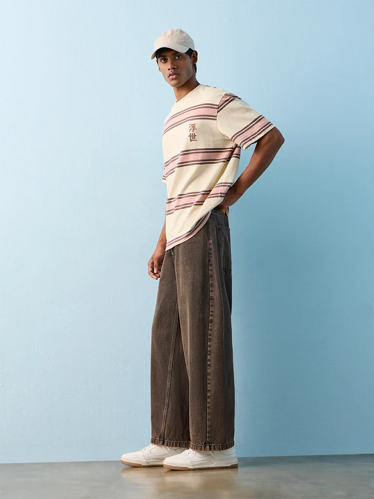 Nuon Brown-Wash Mid-Waist Barrel Fit Jeans
