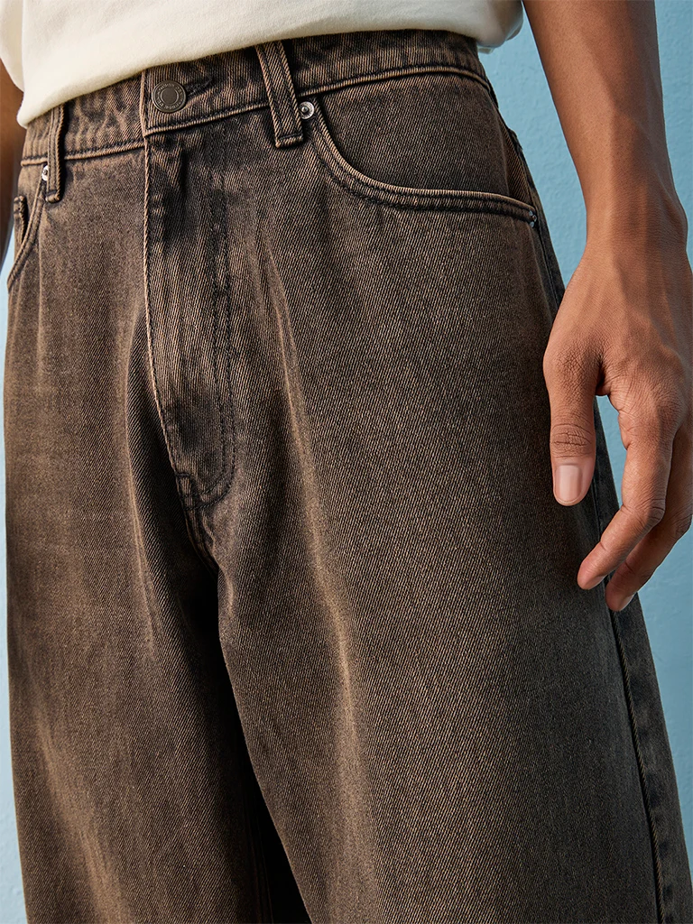 Nuon Brown-Wash Mid-Waist Barrel Fit Jeans