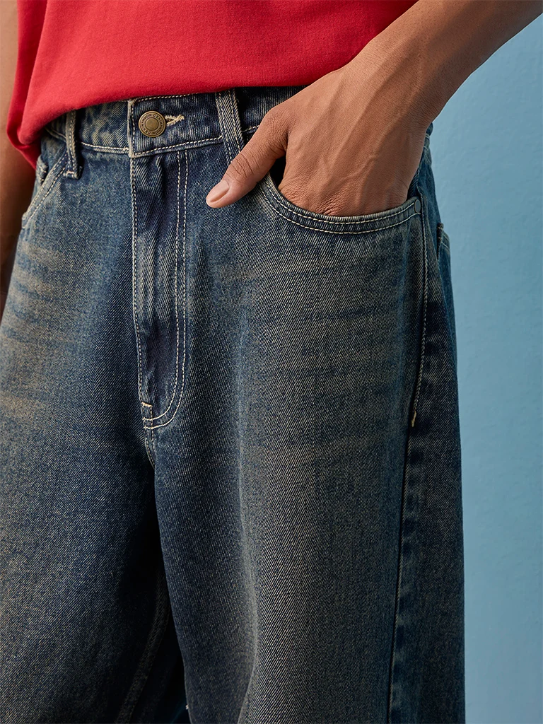 Nuon Blue-Wash Mid-Waist Barrel Fit Jeans