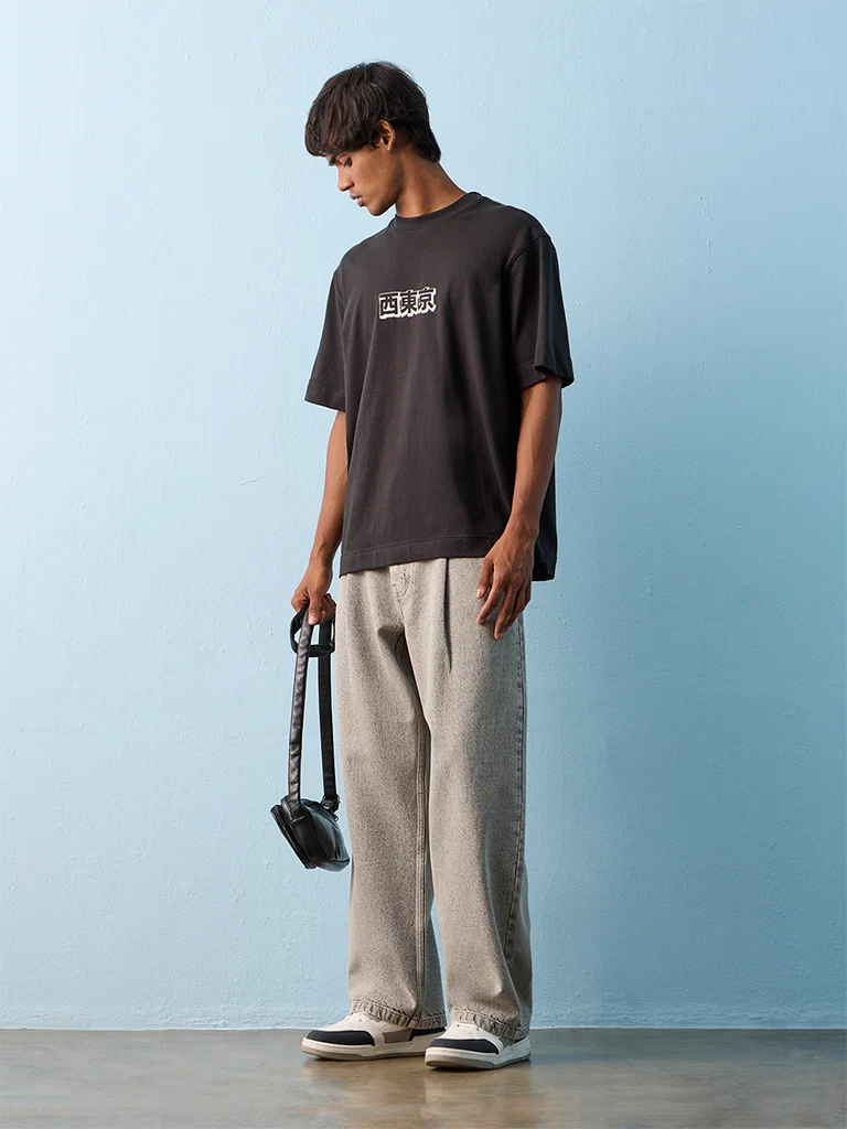 Nuon Charcoal Text Printed Relaxed-Fit Cotton T-Shirt