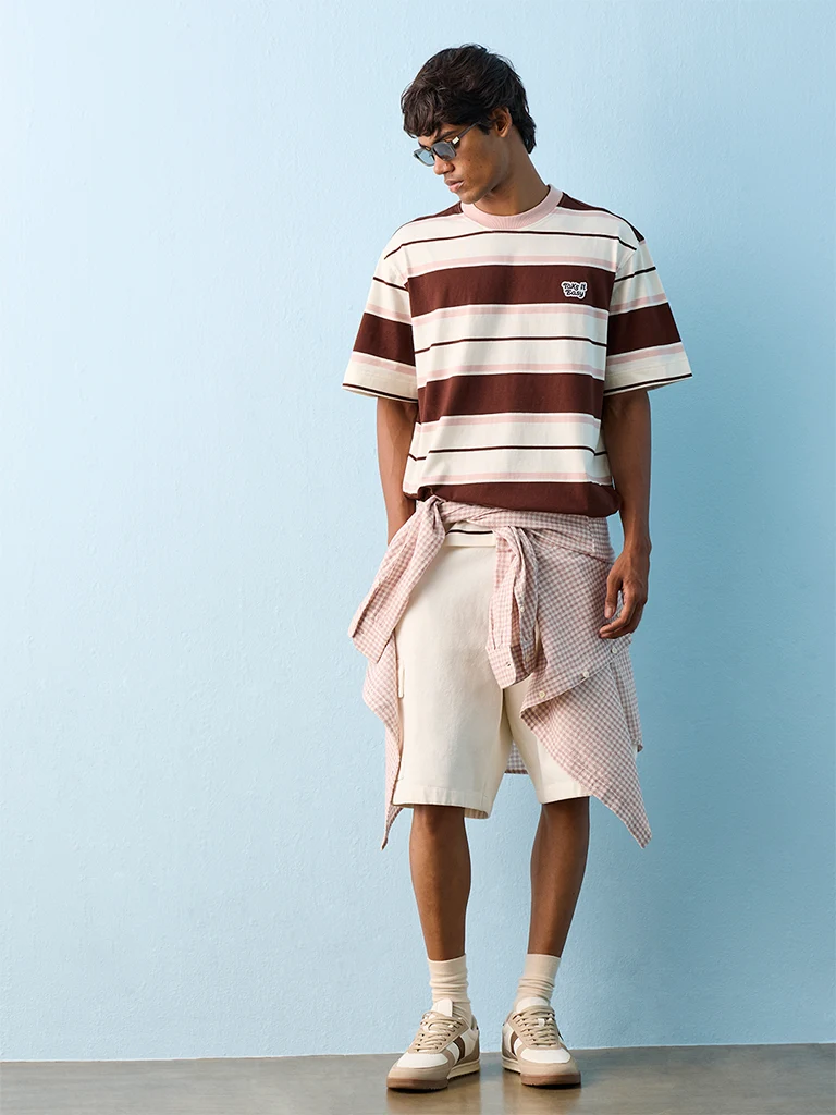 Nuon Off-White Striped Relaxed-Fit Cotton T-Shirt