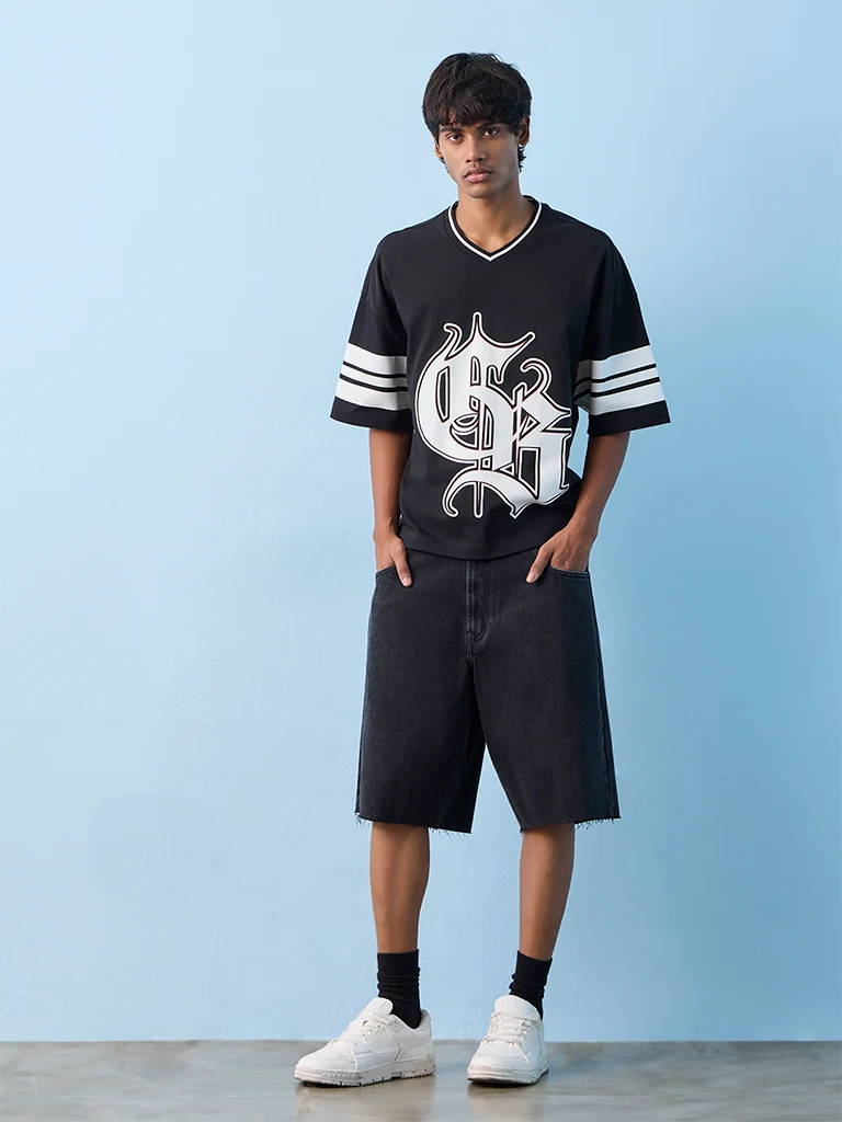 Nuon Black Printed Oversized Cotton T-Shirt