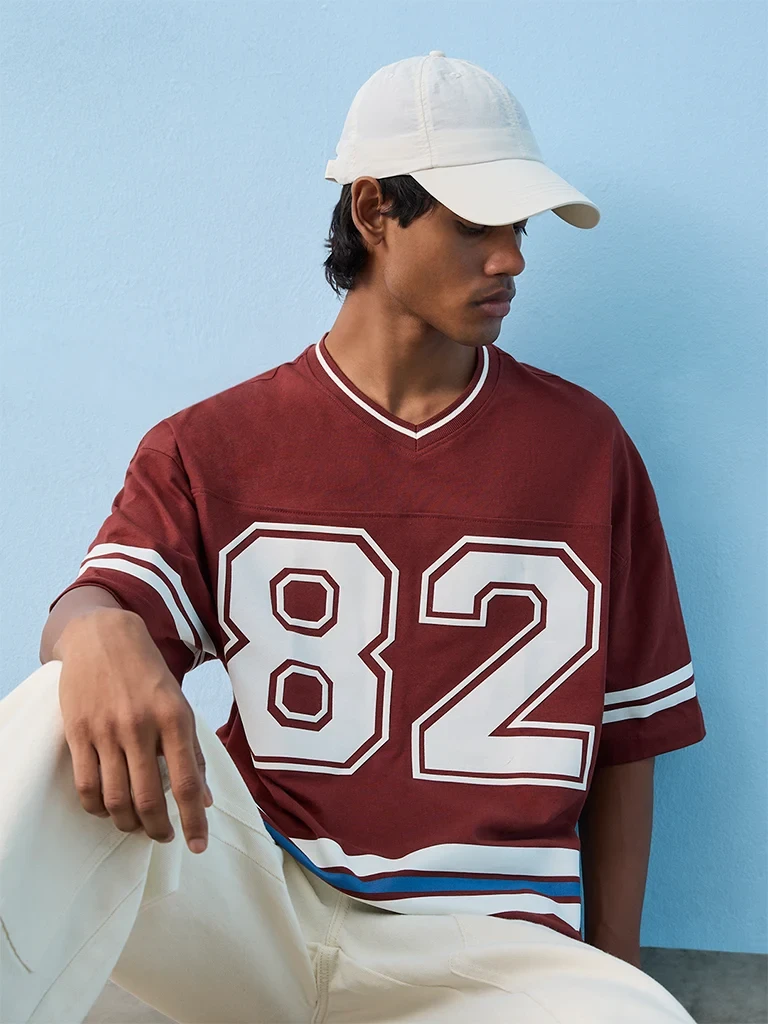 Nuon Red Numerical-Printed Oversized Cotton T-Shirt