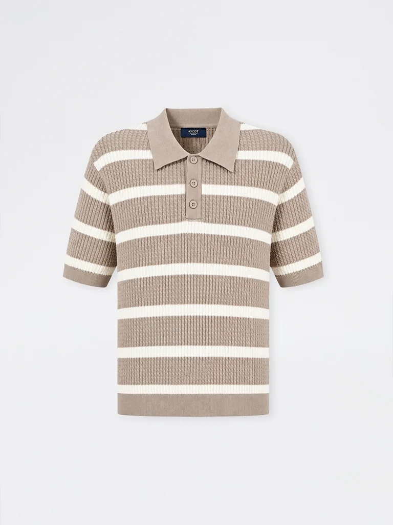 Ascot Taupe Striped Cable-Knit Relaxed-Fit Cotton-Blend Polo T-Shirt