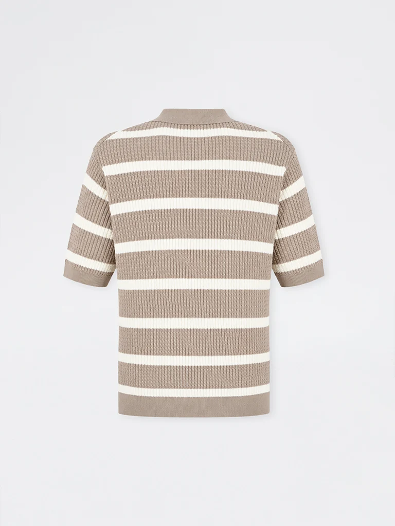 Ascot Taupe Striped Cable-Knit Relaxed-Fit Cotton-Blend Polo T-Shirt