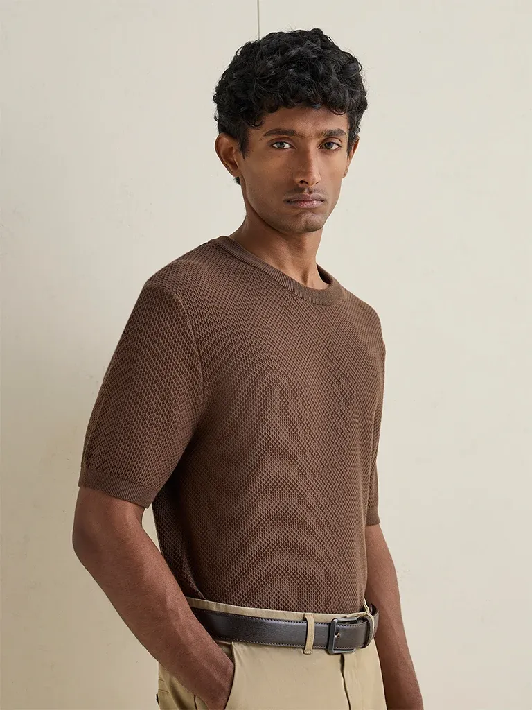 Ascot Navy Textured Relaxed-Fit Cotton-Blend T-Shirt