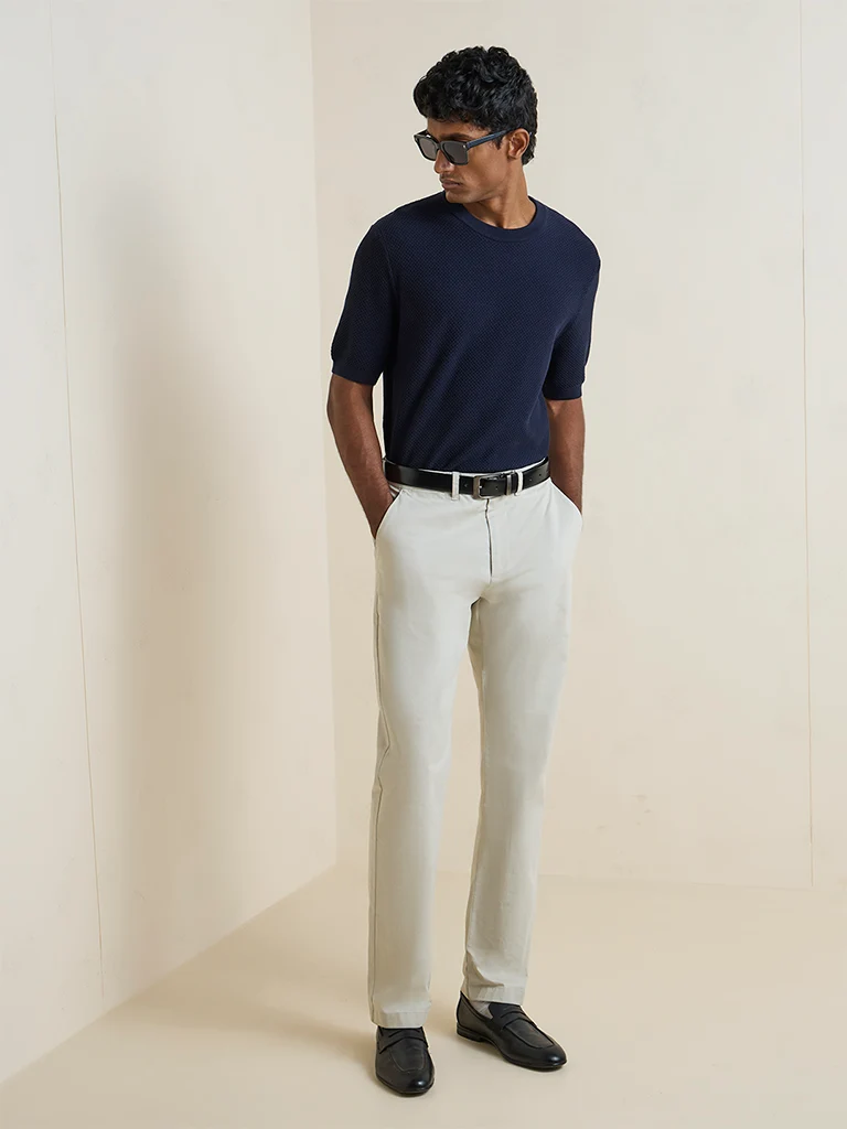 Ascot Navy Textured Relaxed-Fit Cotton-Blend T-Shirt