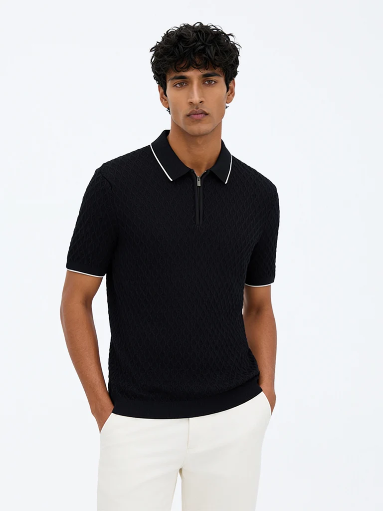 Ascot Off-White Knit-Textured Quarter-Zip Relaxed-Fit Polo T-Shirt