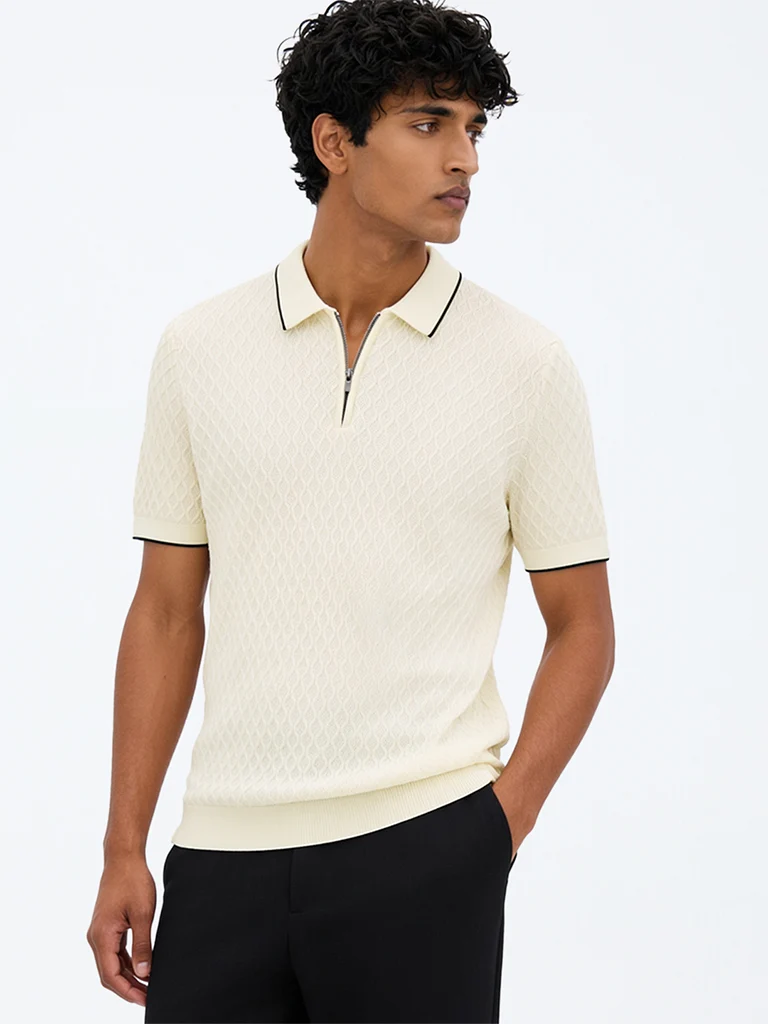 Ascot Off-White Knit-Textured Quarter-Zip Relaxed-Fit Polo T-Shirt
