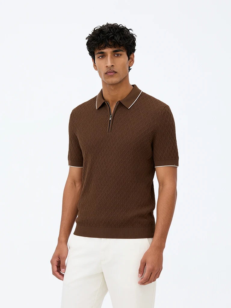 Ascot Off-White Knit-Textured Quarter-Zip Relaxed-Fit Polo T-Shirt