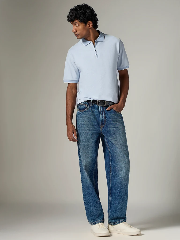 WES Casuals Light Blue Relaxed-Fit Cotton-Blend Quarter-Zip Polo T-Shirt