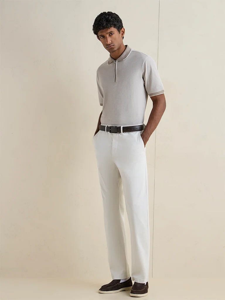 WES Casuals Light Blue Relaxed-Fit Cotton-Blend Quarter-Zip Polo T-Shirt