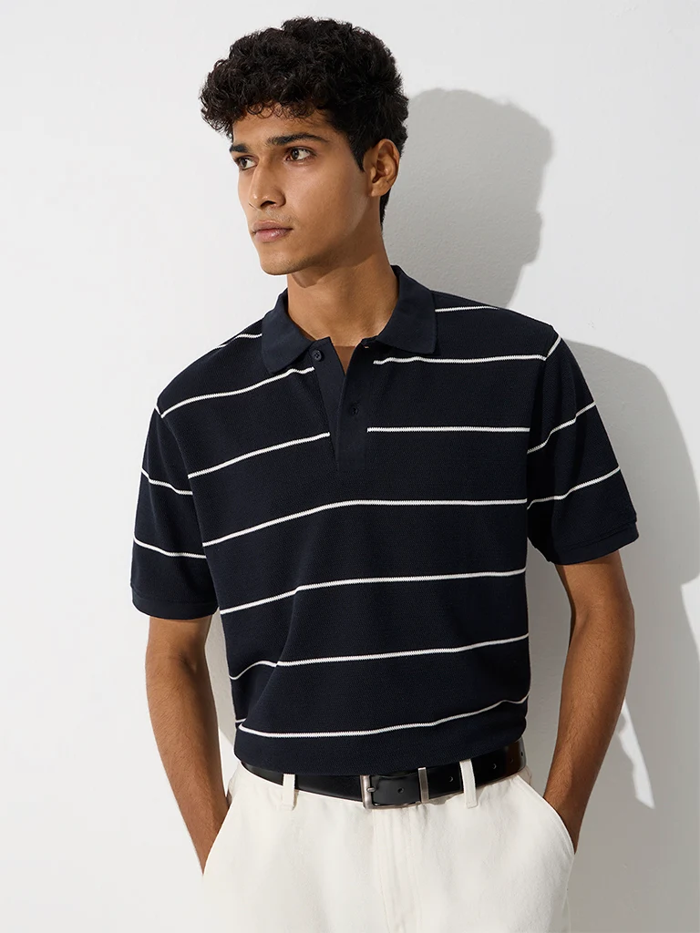 WES Casuals White Striped Relaxed-Fit Cotton Polo T-Shirt