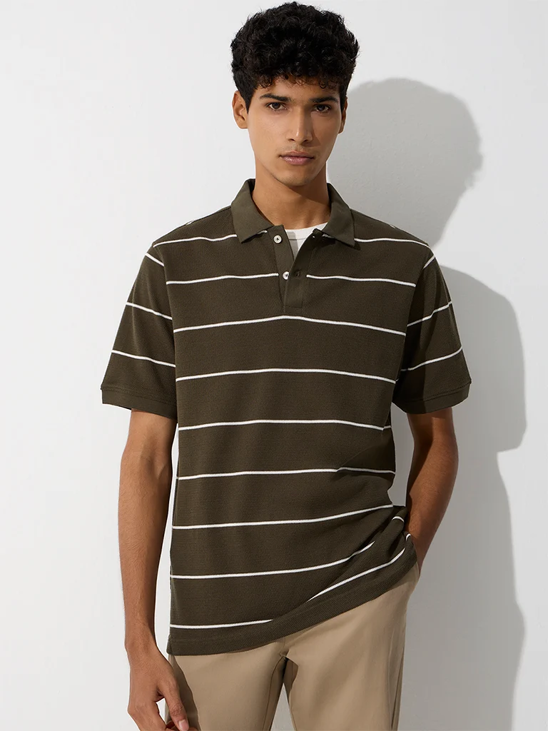 WES Casuals White Striped Relaxed-Fit Cotton Polo T-Shirt