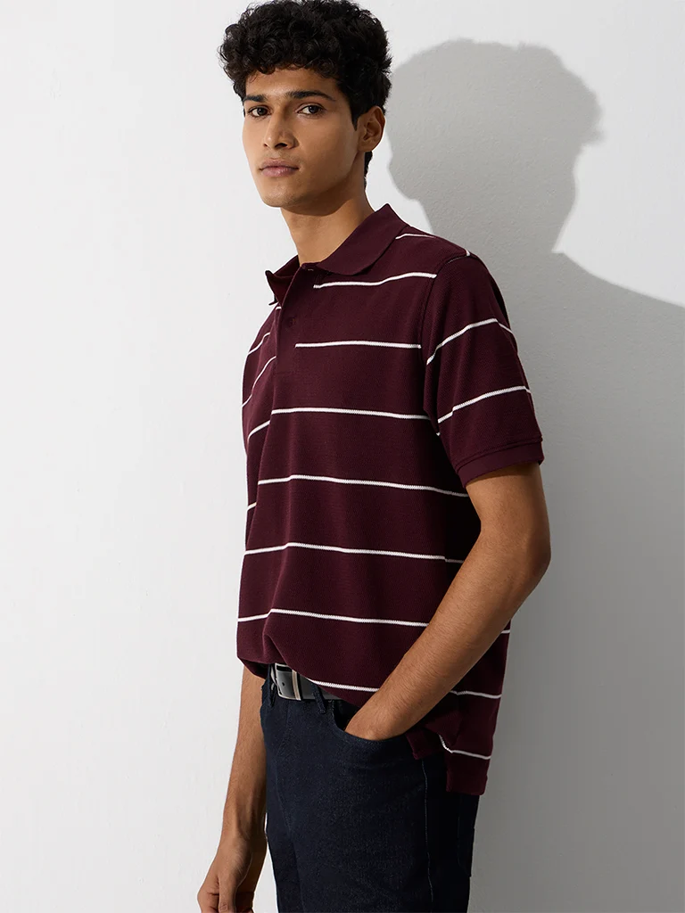 WES Casuals White Striped Relaxed-Fit Cotton Polo T-Shirt
