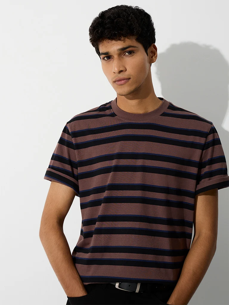 WES Casuals Navy Striped Relaxed-Fit Cotton T-Shirt