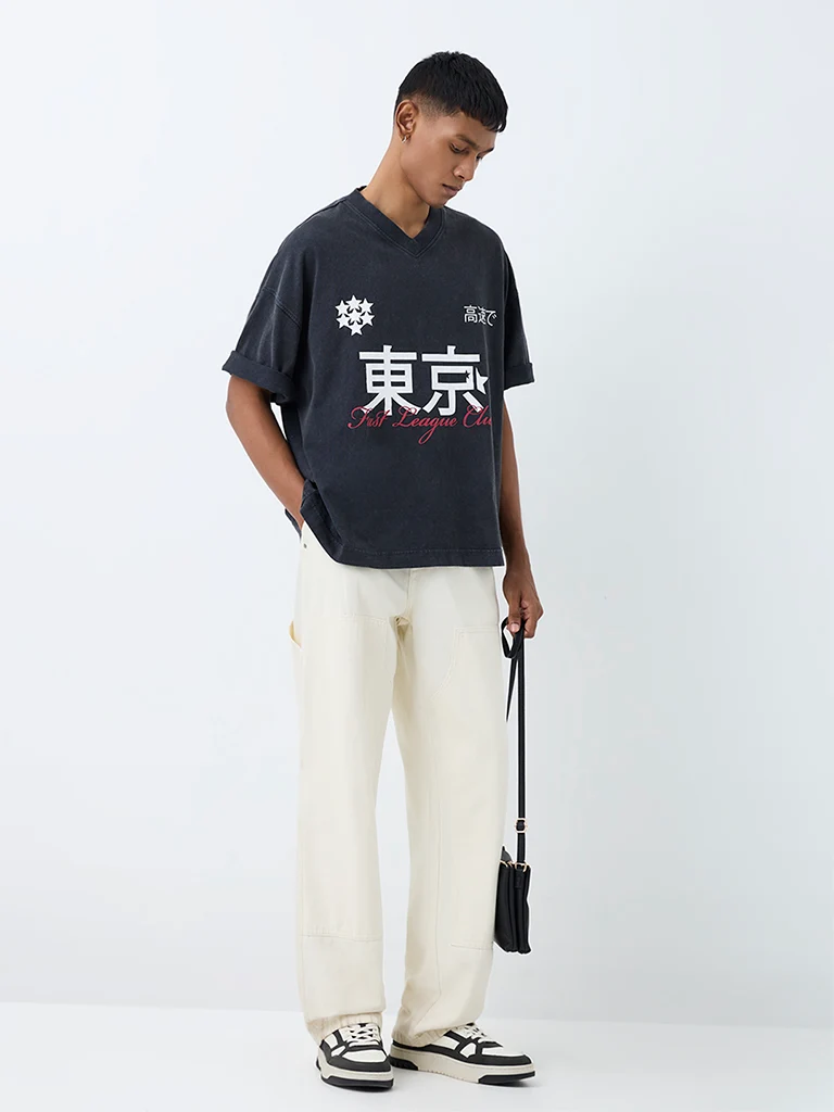 Nuon Black Japanese-Inspired Oversized Cotton T-Shirt