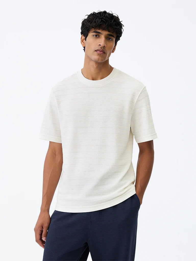 WES Lounge Off-White Self-Striped Relaxed-Fit T-Shirt