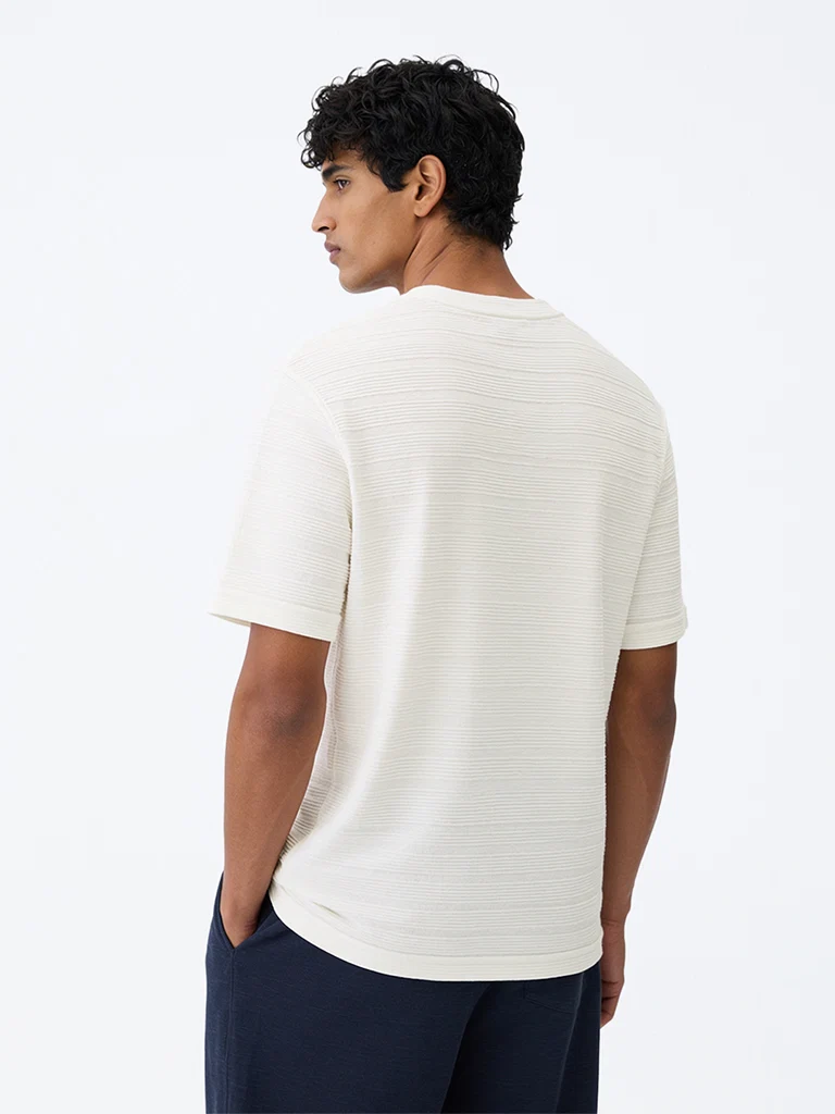 WES Lounge Off-White Self-Striped Relaxed-Fit T-Shirt