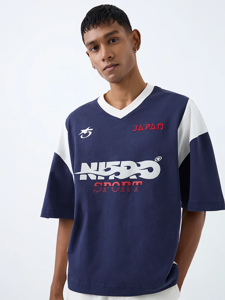 Nuon Navy Text-Design Relaxed-Fit Cotton T-Shirt