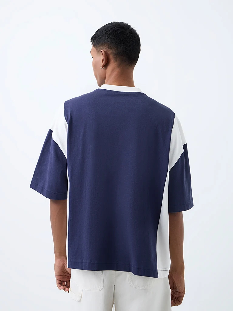 Nuon Navy Text-Design Relaxed-Fit Cotton T-Shirt