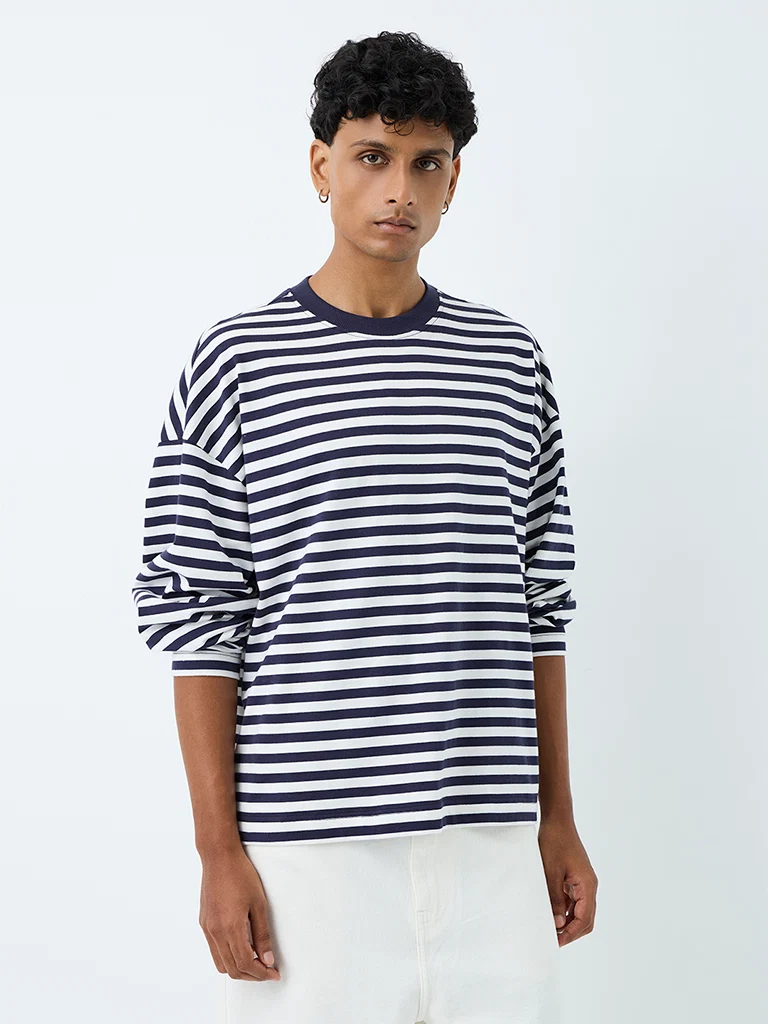Nuon Navy Striped Oversized-Fit Cotton T-Shirt