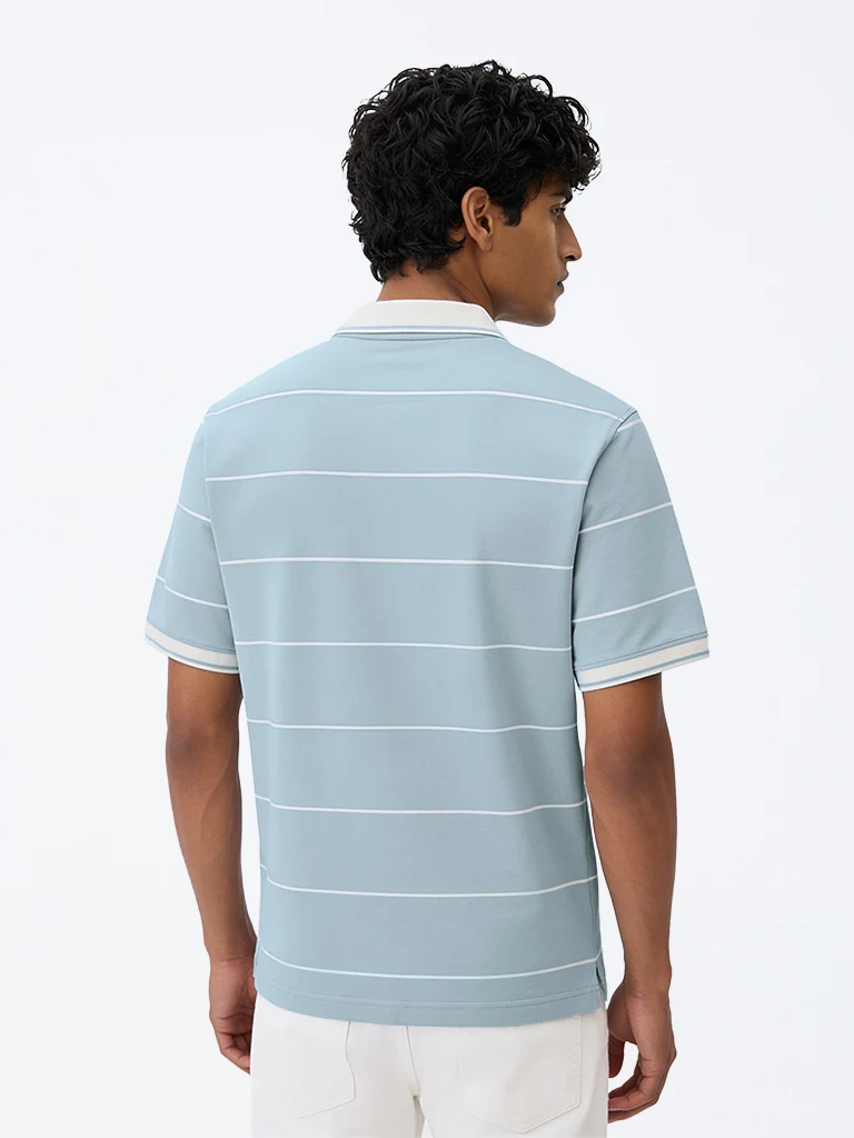 WES Casuals Light Blue Striped Relaxed-Fit Cotton Quarter Zip Polo T-Shirt