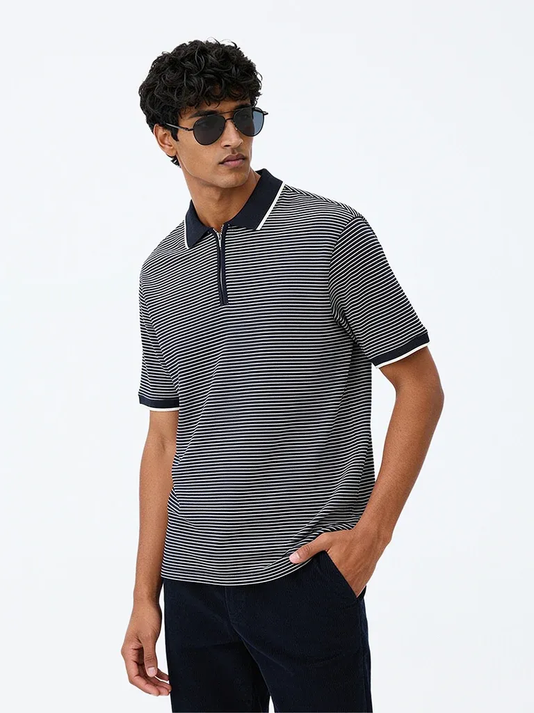 WES Casuals Navy Striped Relaxed-Fit Cotton Quarter Zip Polo T-Shirt
