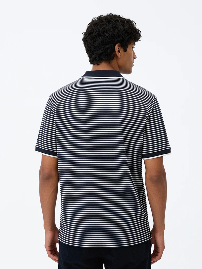 WES Casuals Navy Striped Relaxed-Fit Cotton Quarter Zip Polo T-Shirt